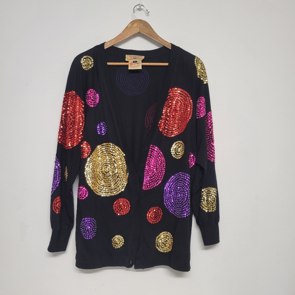 Gene Ewings Vintage  Fall Vibrant Black Cardigan with Colorful Sequin Circles